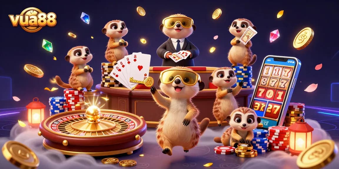 Join the action at vua88 with meerkats running a bustling casino, surrounded by golden coins and vibrant game elements.