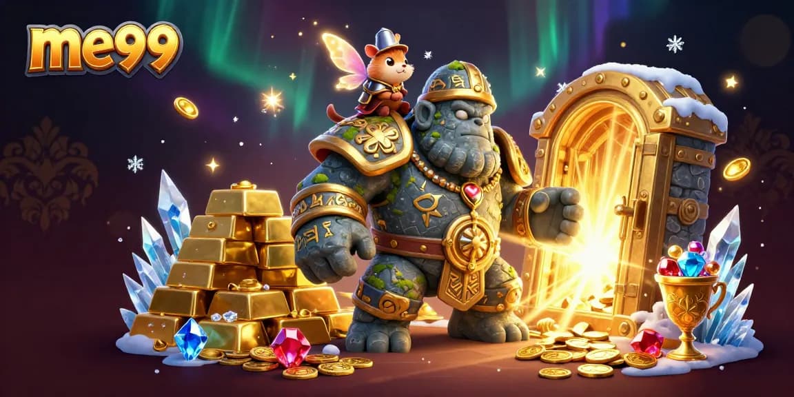 Experience the magic of me99 with a golem guardian, fairy, and hamster knight in a dazzling casino scene.