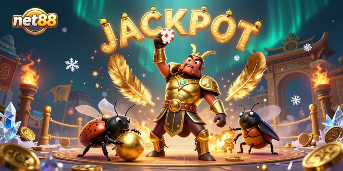 net88 showcases a victorious hercules beetle lifting a poker chip in a vibrant casino scene.