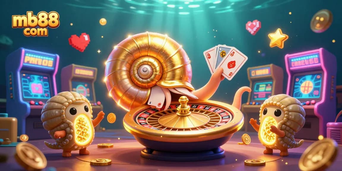 Engage with the thrilling world of mb88 com showcasing a vibrant casino scene featuring a giant nautilus and glowing gaming elements.