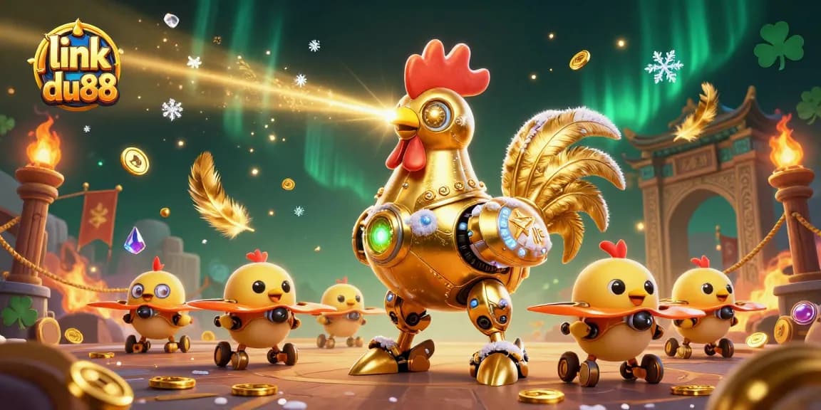 Engage with link du88 at the vibrant casino scene featuring the golden rooster robot and baby chick drones.