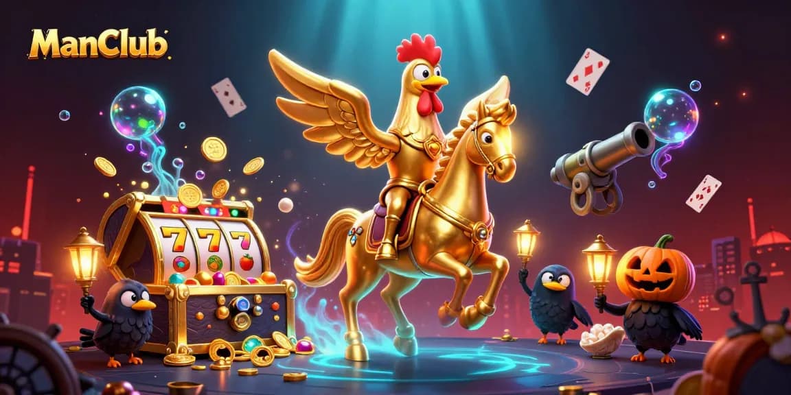 Join the excitement at ManClub with a golden rooster and ghosts amid vibrant casino games.