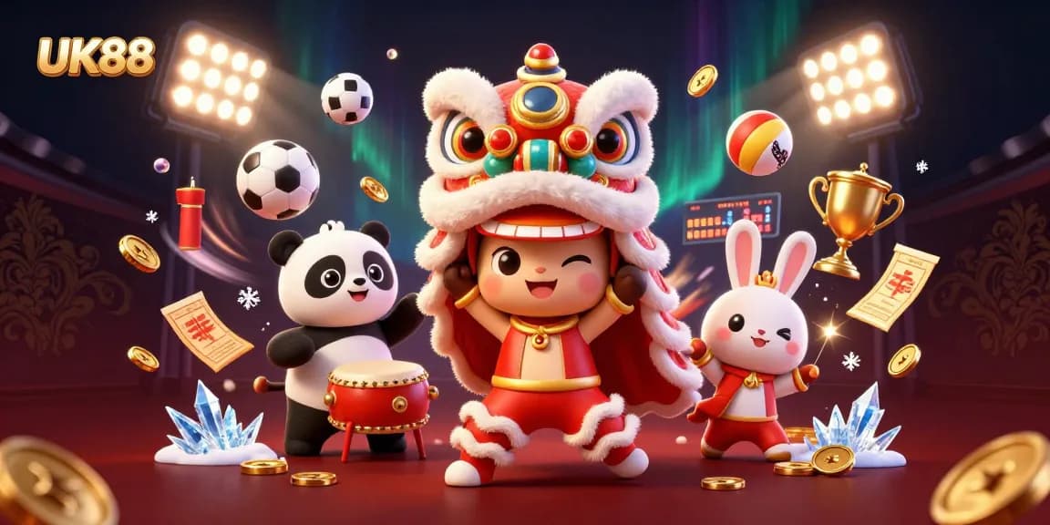 Engage with UK88's vibrant lion dance scene featuring dynamic sports elements and engaging characters.