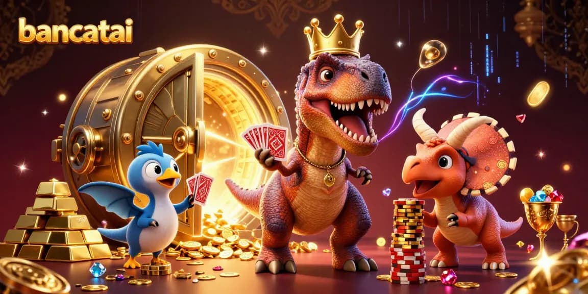 bancatai showcases a dynamic casino scene with a cartoon T-Rex, pterodactyl, and triceratops amid gold treasures.