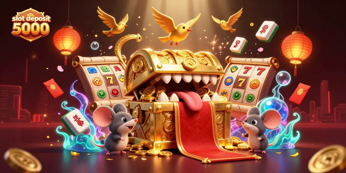 Experience thrilling gameplay with slot deposit 5000 in a dynamic casino scene filled with golden treasures and lively elements.