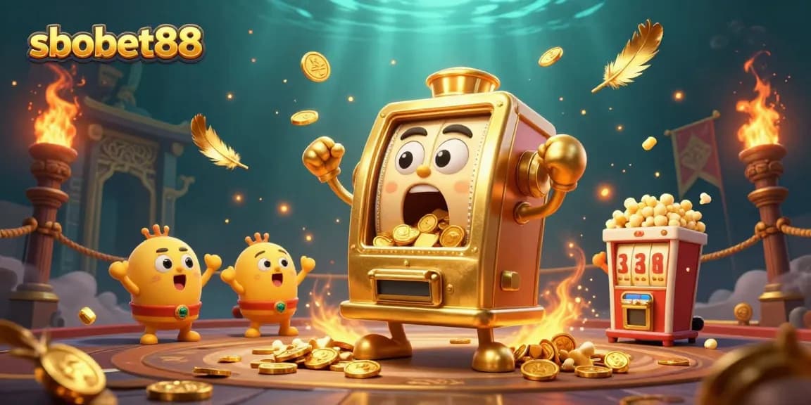 Mesin slot sbobet88 menang jackpot dalam ilustrasi 3D, dikelilingi koin emas dan elemen judi.