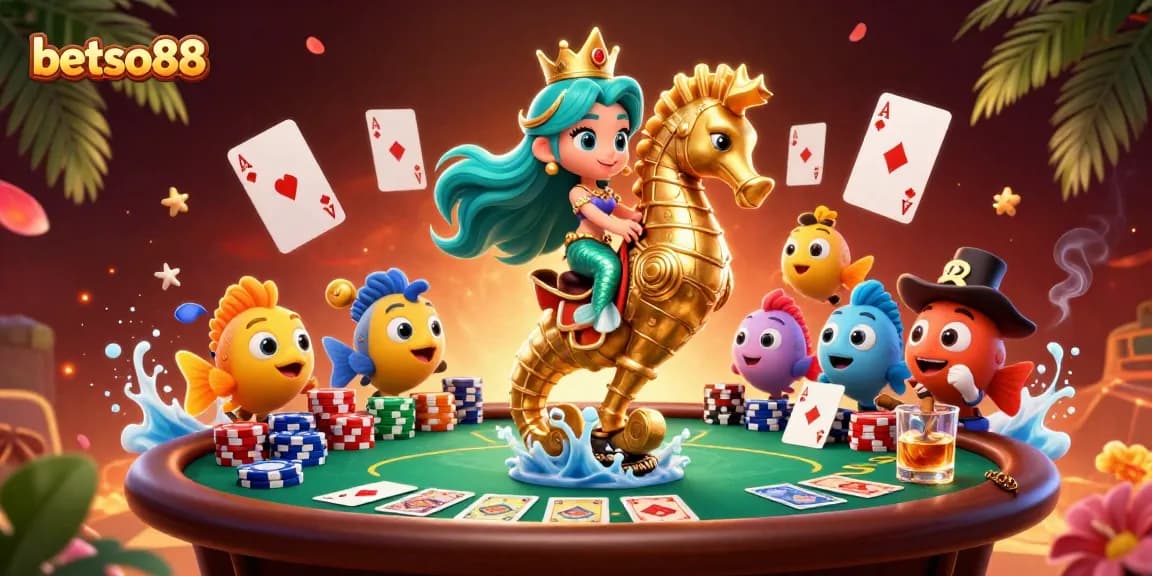 Betso88 captivates players with a vibrant 3D mermaid-themed casino scene showcasing thrilling poker elements.
