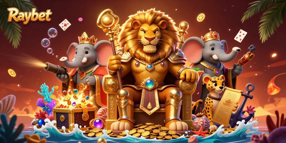 Raybet players winning big with a fierce lion king and wise advisors in a vibrant casino scene.