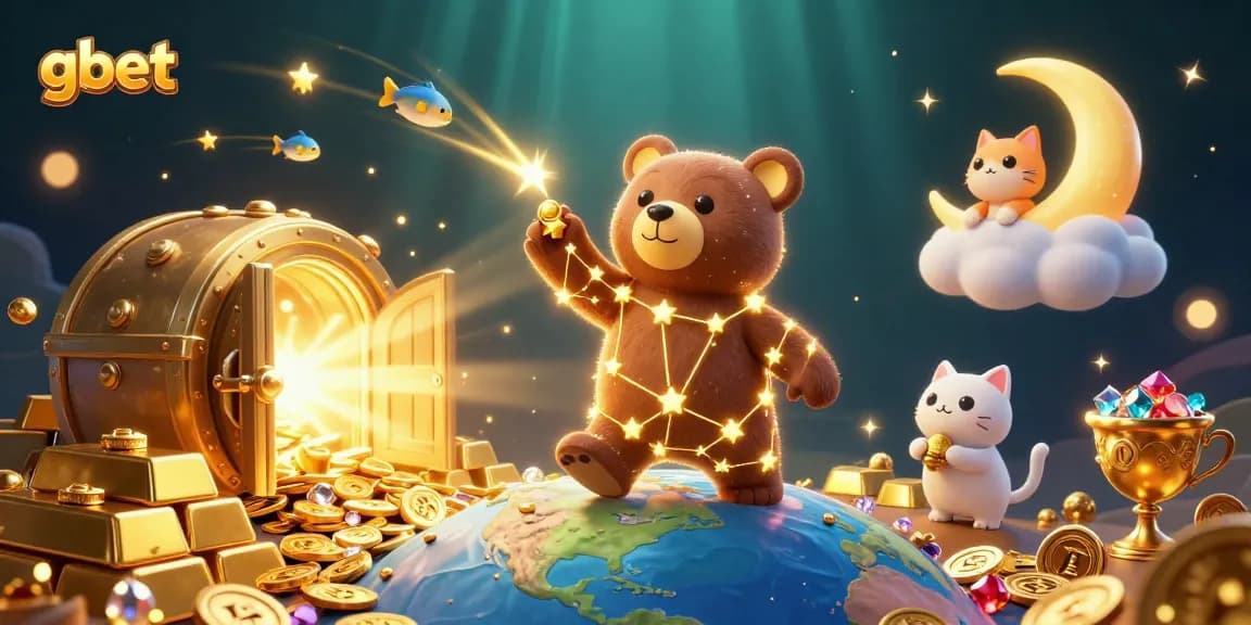 Experience gbet's thrilling casino adventures with a vibrant 3D illustration showcasing a constellation bear, treasure vaults, and more.