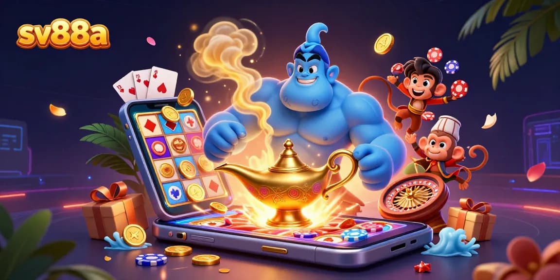 Experience the thrilling world of sv88a casino with a magical genie, poker chips, and vibrant slot games!