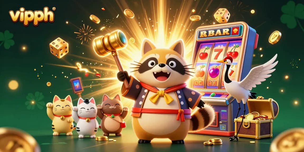 Experience the thrilling games at vipph with vibrant characters and dynamic casino elements in this colorful illustration.