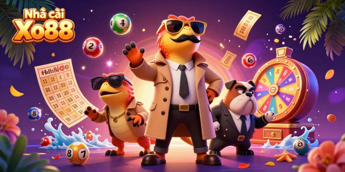 Nhà cái Xo88 features three raptors in a trench coat trying to enter a VIP lounge at a crowded casino scene.