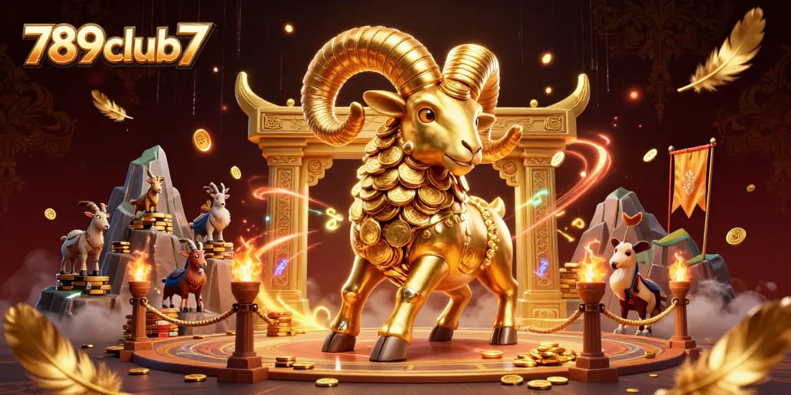 Experience thrilling gameplay at 789club7 with a massive golden ram charging through a golden gate.