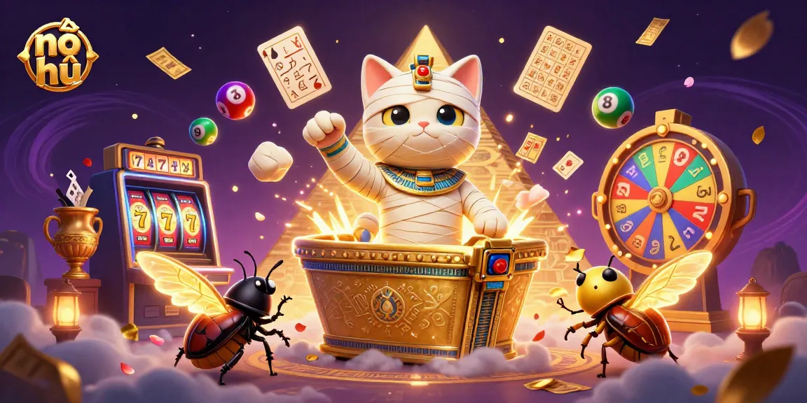 Engage in thrilling action with nổ hũ as a mummy cat and scarab beetle transform a pyramid casino into a jackpot wonderland.