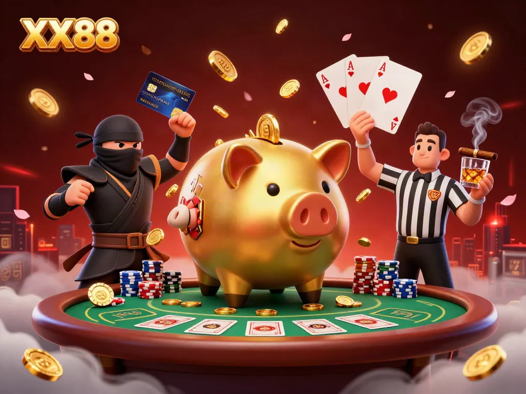 Playing with golden coins in a dynamic XX88 casino scene featuring characters and poker elements.
