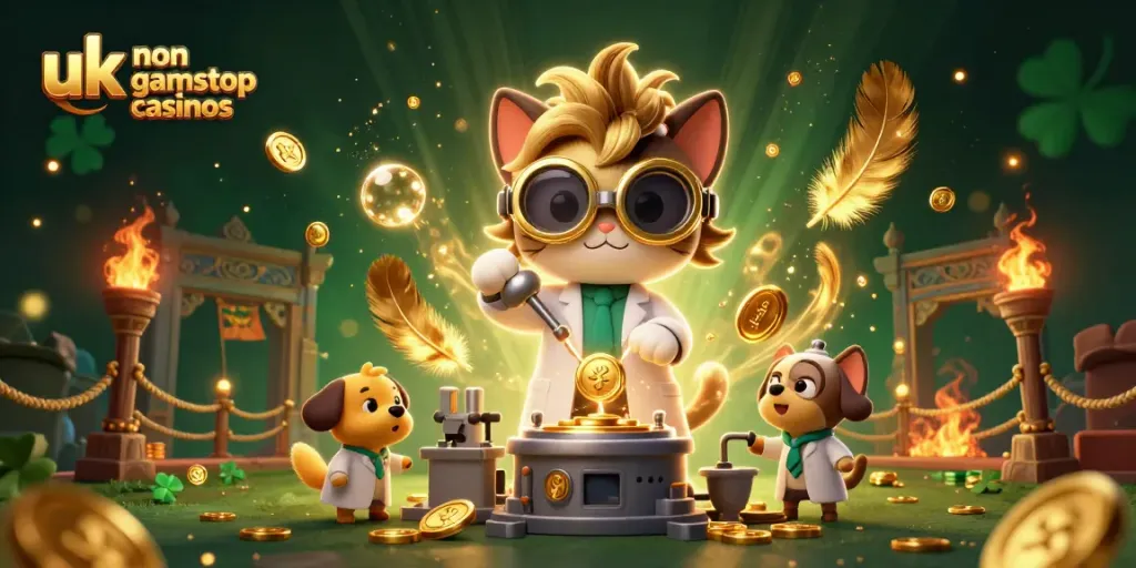 Experience thrilling gaming at uk non gamstop casinos with a whimsical lab scene featuring a mad scientist cat and dog.