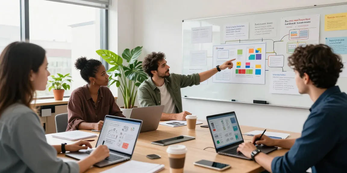 Creative team using google mixboard to generate ideas collaboratively in a vibrant office.