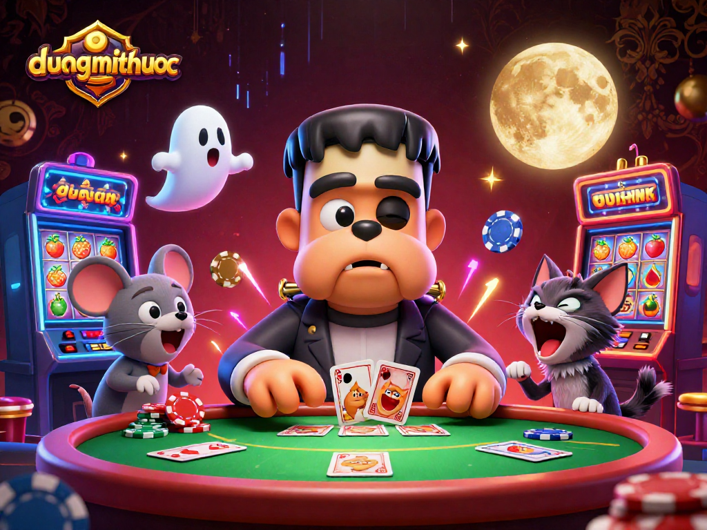 Experience the excitement of duongmatchuoc as a Frankenstein bulldog deals cards amid colorful casino elements.