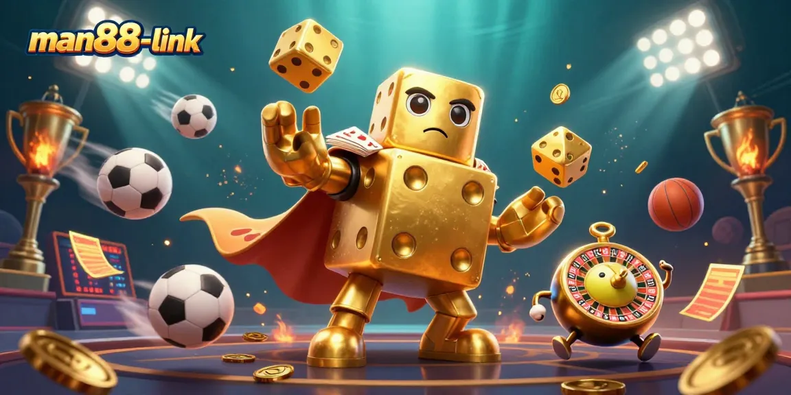 Experience gaming excitement with man88-link's casino-themed 3D illustration featuring golden dice and sports elements.