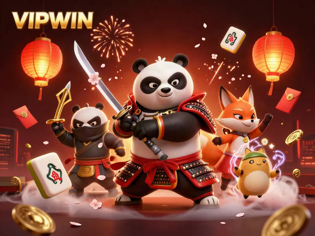 Experience thrilling gaming at VIPWIN with dynamic visuals of a samurai panda and allies.