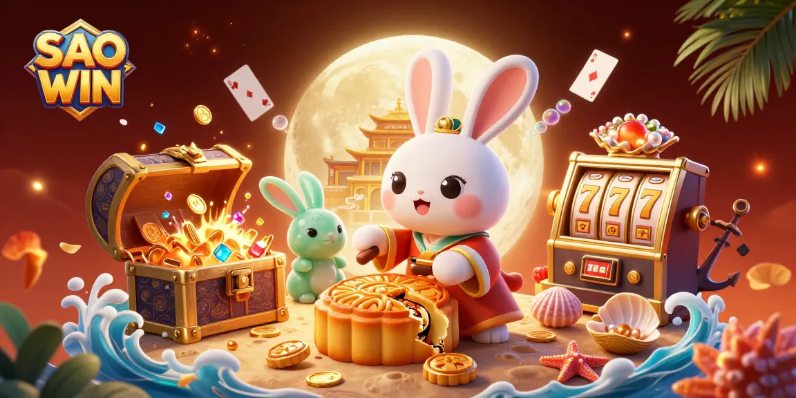 Experience thrilling gameplay with SAO WIN in this vibrant 3D illustration featuring slot reels and playful characters.