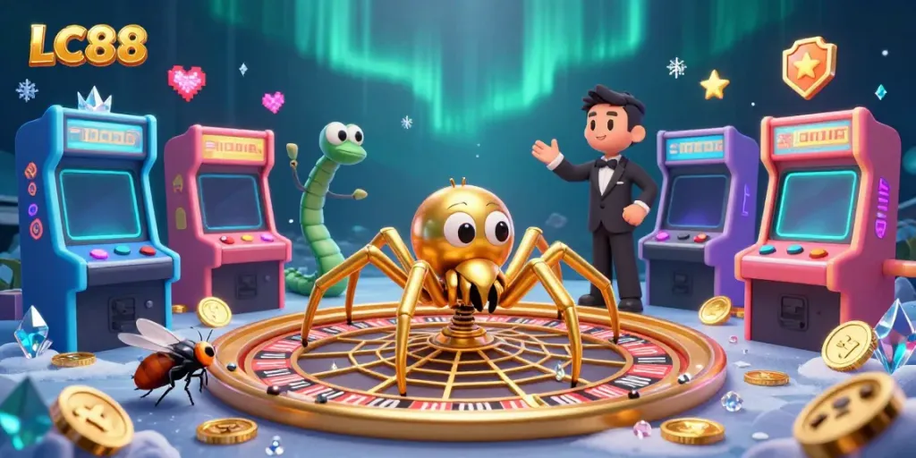 Engage in thrilling bets with LC88’s vibrant casino scene featuring a golden spider and croupier.