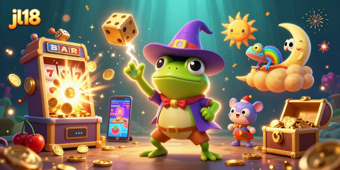 Experience the magical gaming world of jl18 with a whimsical storm of coins and vibrant casino symbols overflowing in this enchanting illustration.