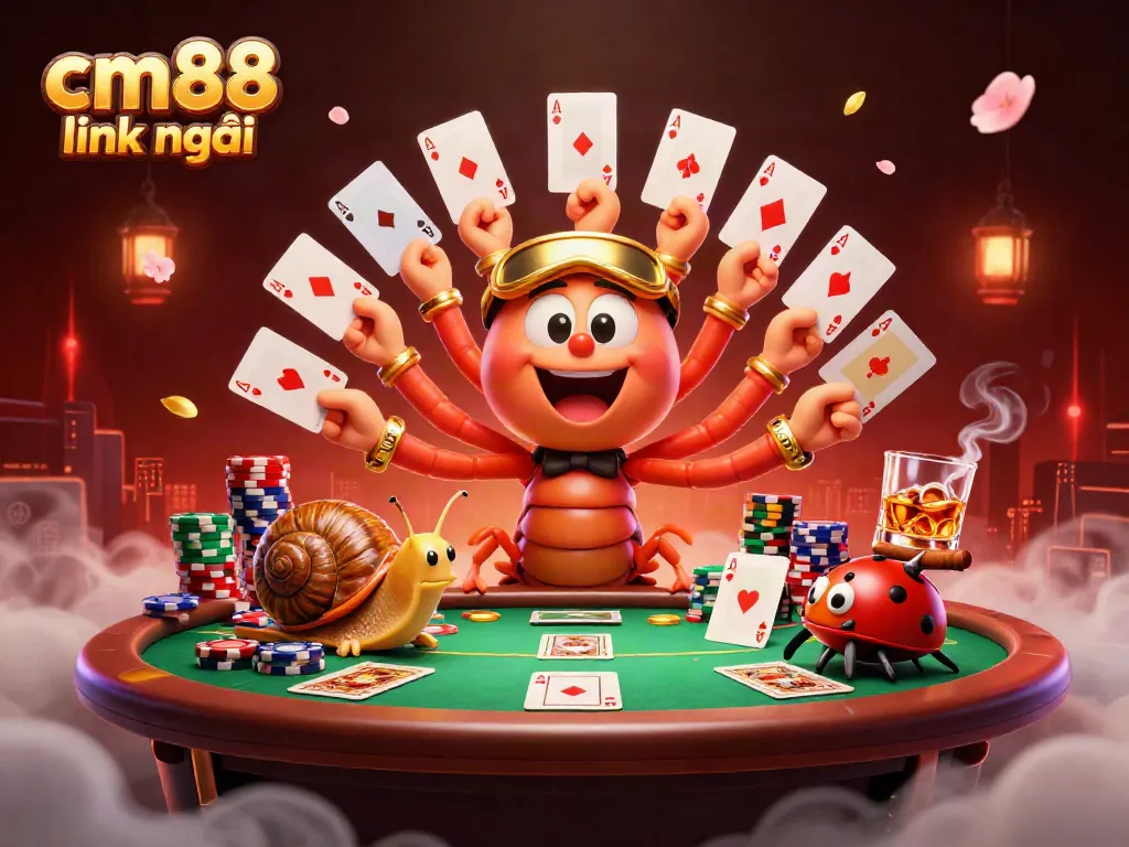 Experience excitement as the cm88 link mới dealer shows playing cards amidst vibrant casino elements.