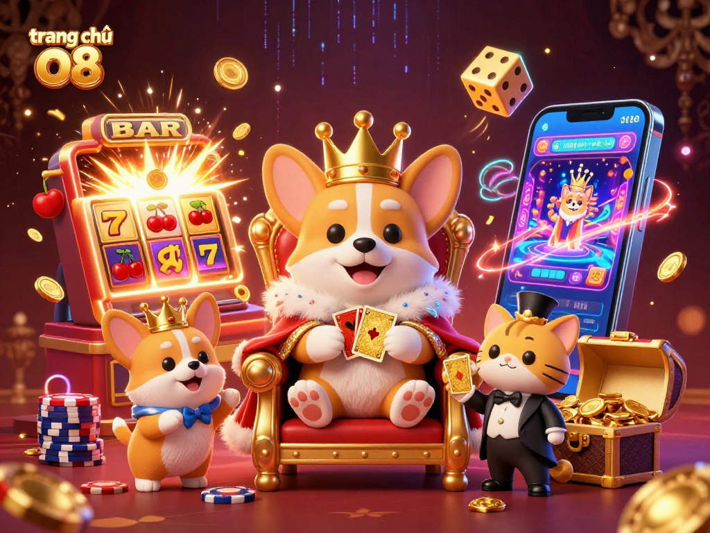 Experience the excitement of gambling at trang chủ o8 with a playful 3D regal corgi on a poker chip throne.