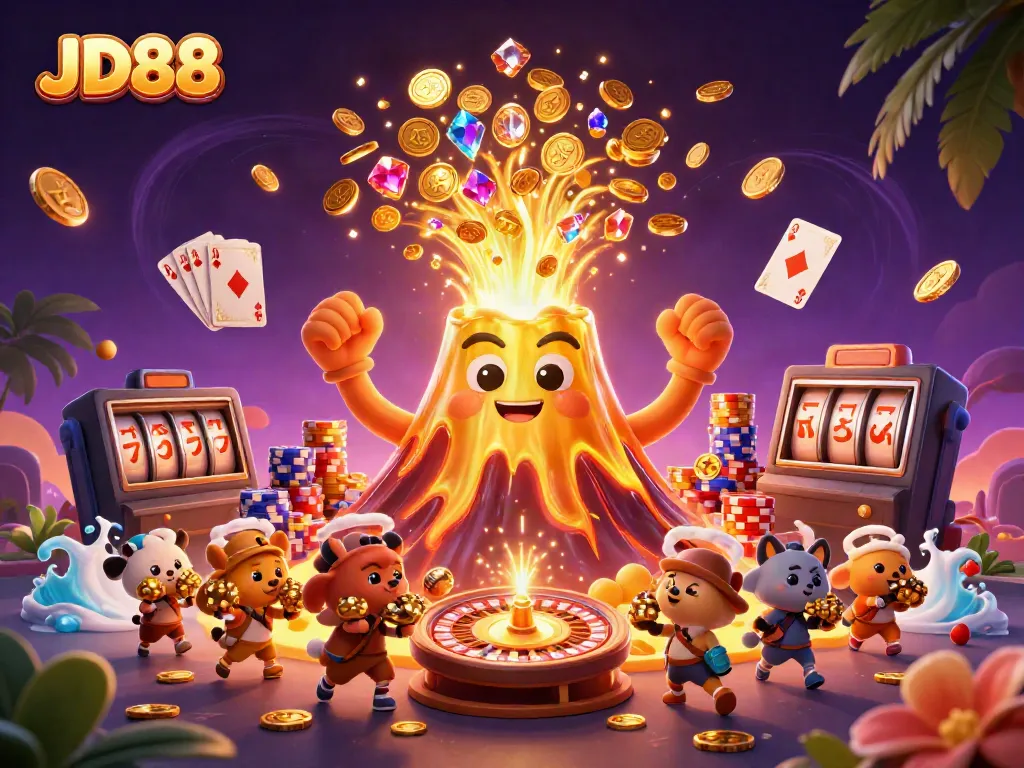 Experience the thrill of JD88 with a vibrant eruption of treasure and casino elements in a dynamic 3D scene.
