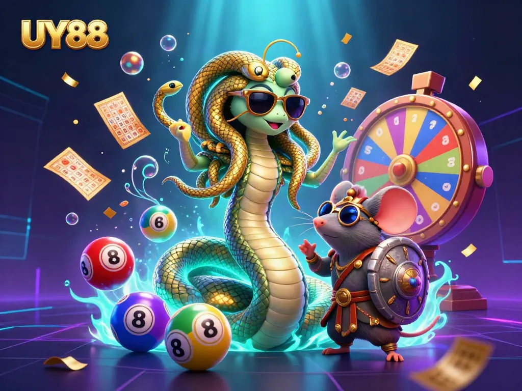 Experience dynamic gaming action with UY88, showcasing vibrant lottery elements and charming characters.