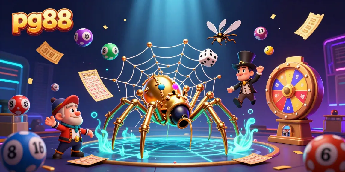 Engage with pg88's dynamic lottery games featuring colorful balls, golden tickets, and a steampunk spider scene.
