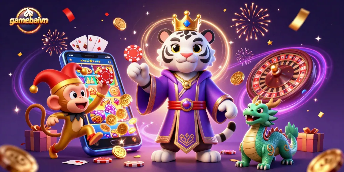 Join gamebaivn's vibrant poker scene with a royal tiger and golden monkey as they celebrate winnings.