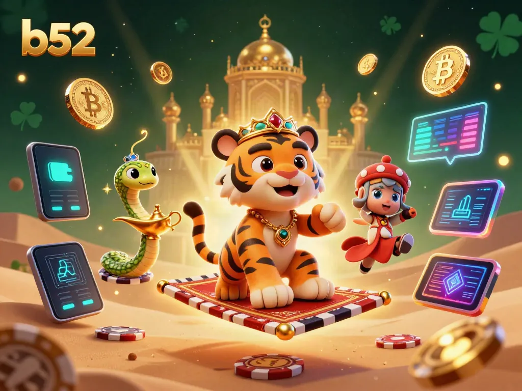 Engage with b52's vibrant casino world featuring a tiger sultan on poker chip carpet amid neon cryptocurrency elements.