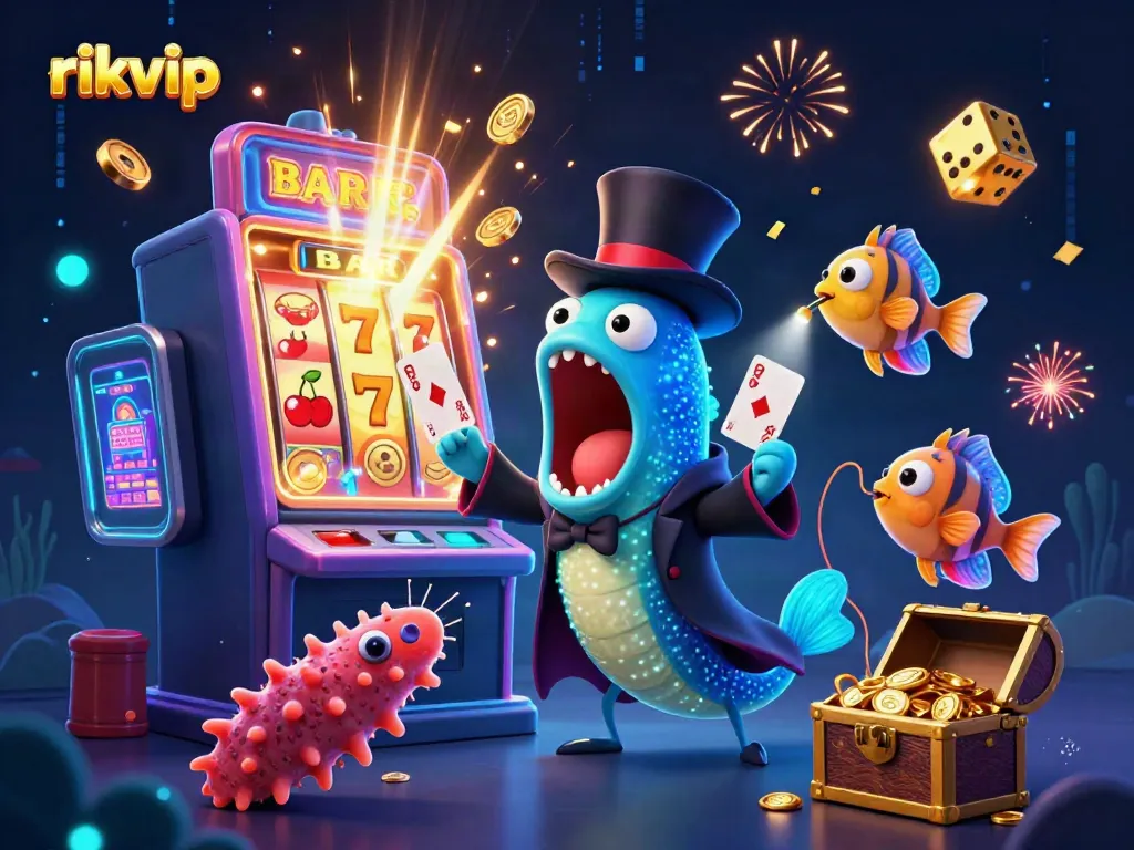 Engaging scene featuring rikvip's unique characters performing casino magic and showcasing a vibrant gambling atmosphere.