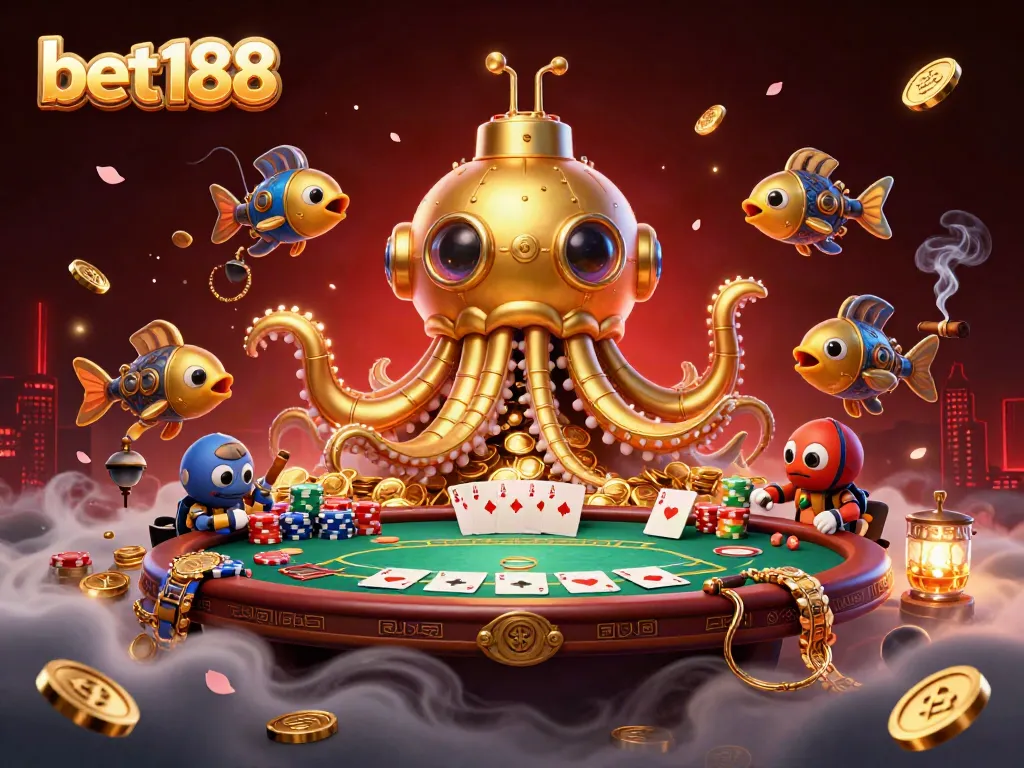 Experience thrilling action with bet188 in a vibrant 3D casino scene filled with poker elements and golden treasures.