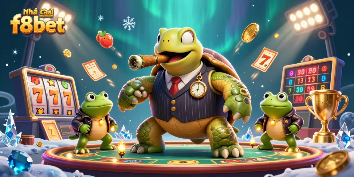 Experience thrilling slots and jackpots at Nhà cái f8bet with animated characters and casino elements.