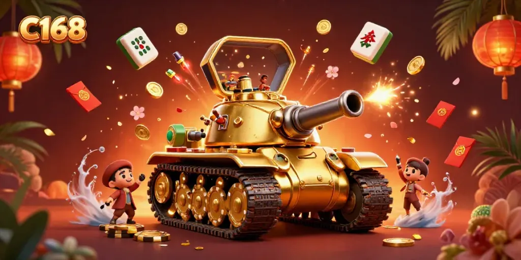 Experience the thrill of C168's casino world inside a golden beetle tank, complete with confetti and game elements.