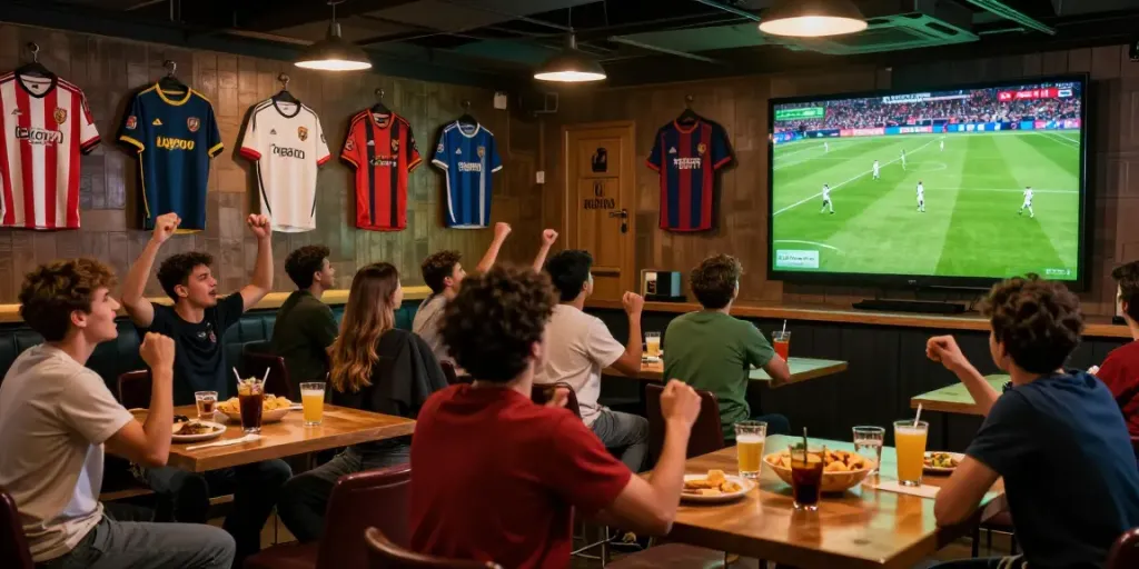 Socolive fans enjoying an exciting soccer match in a vibrant sports bar atmosphere.