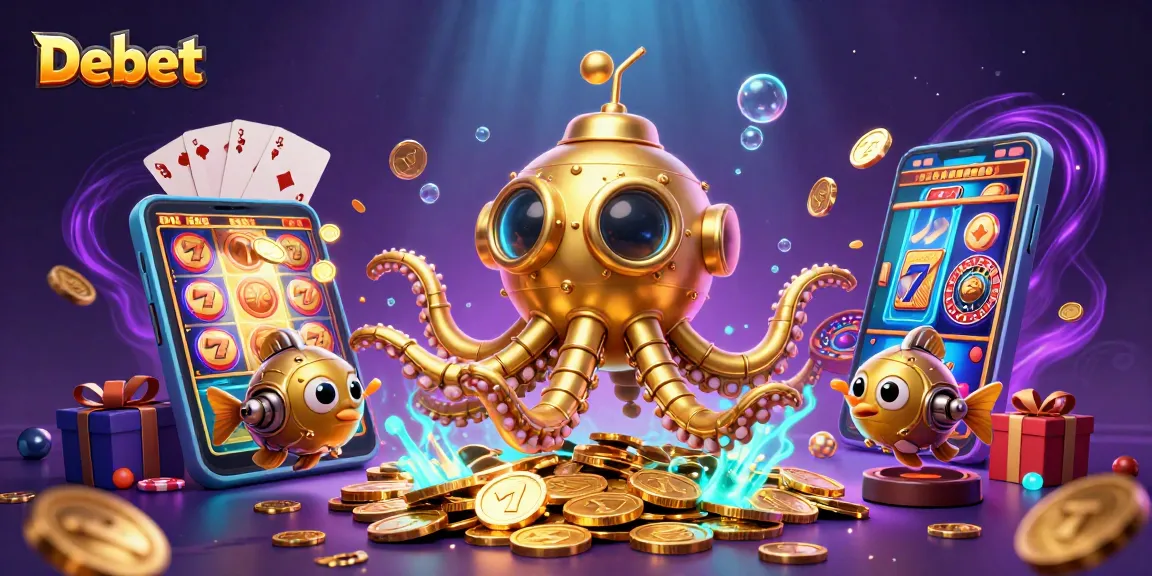 Experience Debet's exciting undersea world of slots and casino games with a golden kraken and vibrant gaming elements.