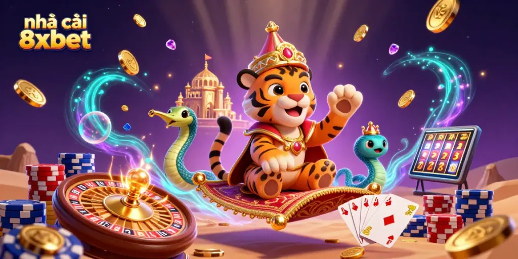 Experience winning with nhà cái 8xbet's vibrant 3D casino illustration, featuring a tiger sultan on a flying carpet.