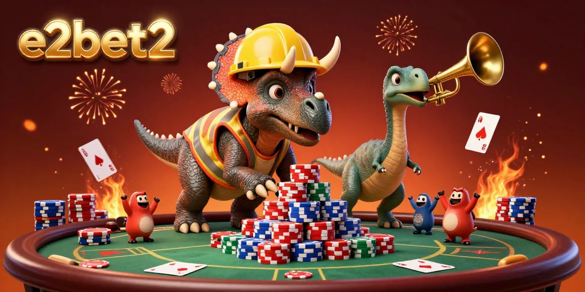 Experience exciting poker action with e2bet2 as cheerful dinosaurs build fun chip pyramids in a vibrant casino scene.