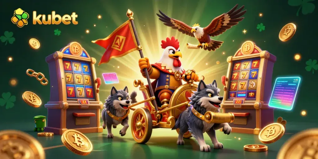 Engage with kubet's online casino experience featuring a dynamic 3D cartoon scene full of action.