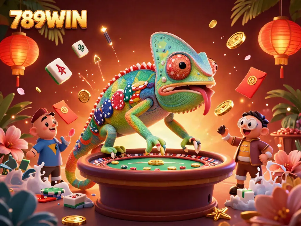 Experience the vibrant atmosphere of 789WIN with a chameleon casino owner and dynamic gaming elements.
