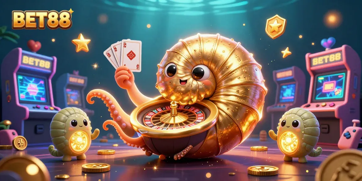 Experience thrilling gameplay at BET88 with a vibrant casino-inspired illustration featuring a golden nautilus roulette wheel.