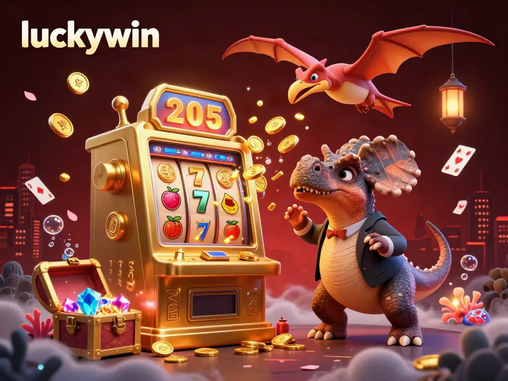Experience the thrill with luckywin as a dinosaur triggers a jackpot at a fantasy casino, coins flying everywhere.