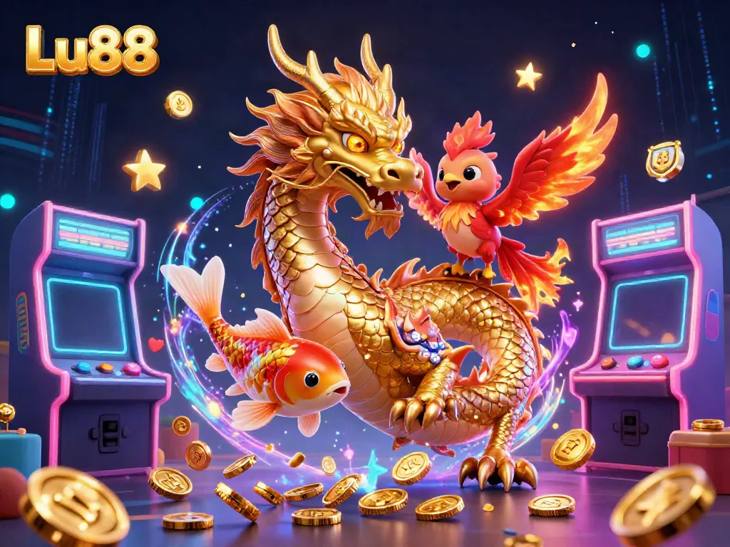 Engage with Lu88's thrilling ambiance, showcasing a golden dragon, phoenix, and koi fish amid vibrant gaming elements.