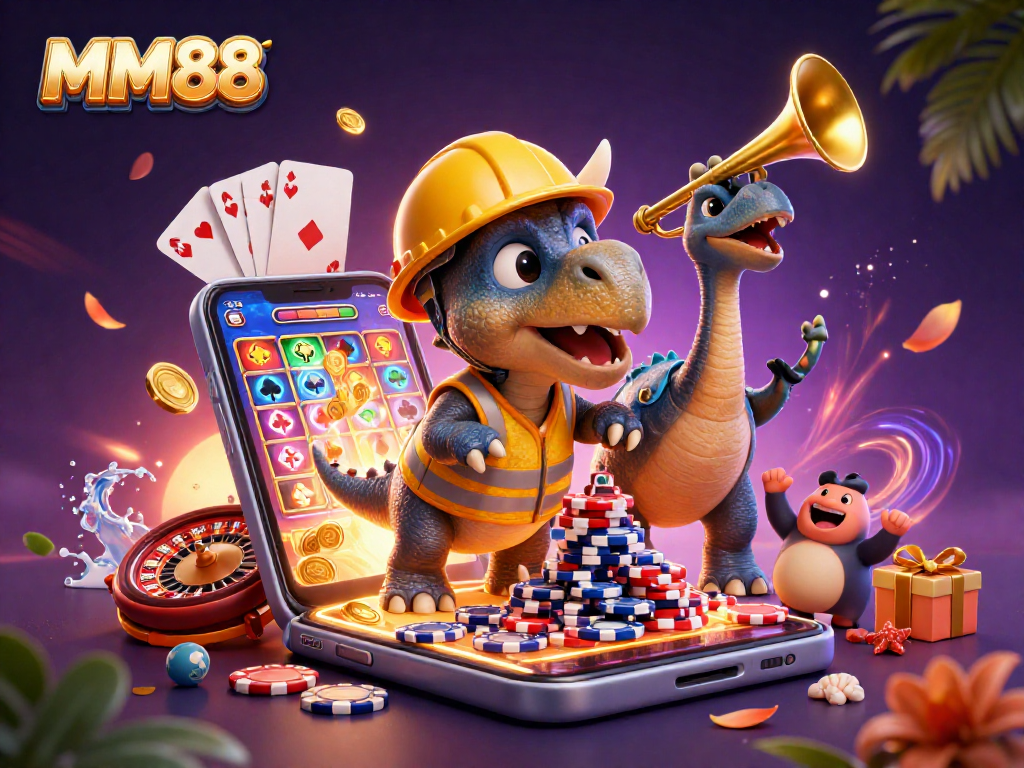 Players enjoy MM88 with a triceratops building a poker chip pyramid at a vibrant gaming scene.