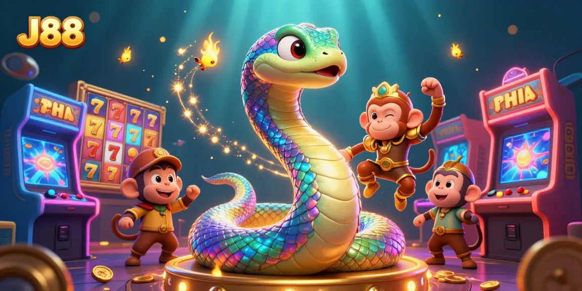 Engage with J88's vibrant slots featuring a rainbow serpent and monkey king amidst dazzling casino elements.