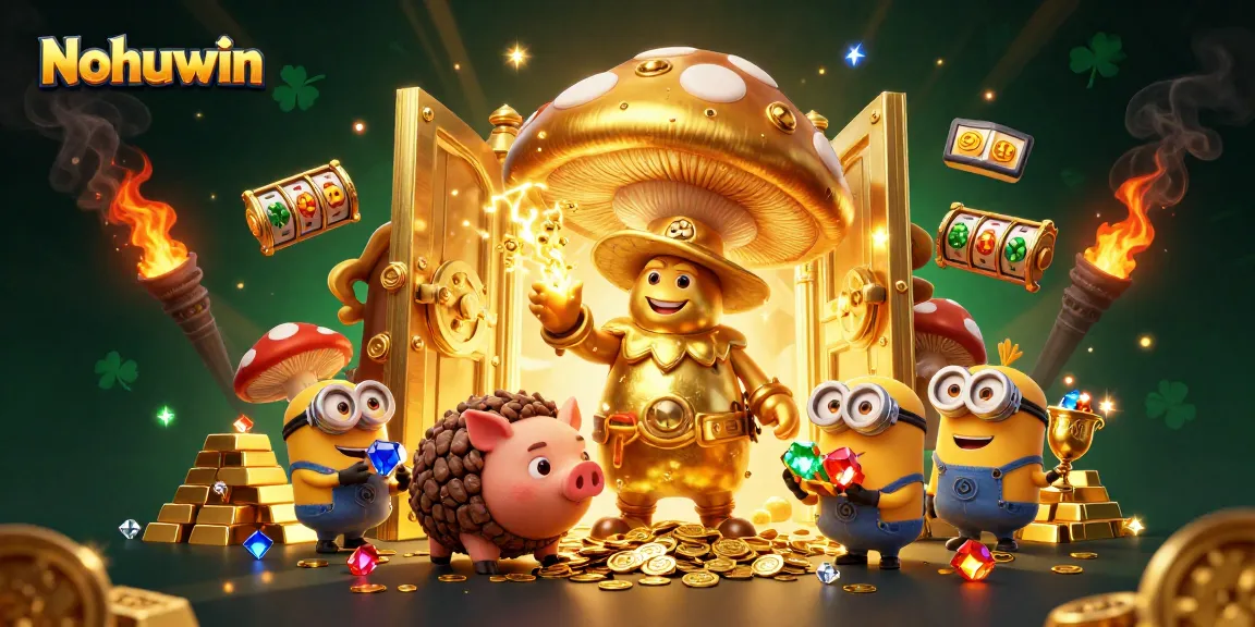 Nohuwin players are captivated by the magical world of slots and treasures in this vibrant casino illustration.